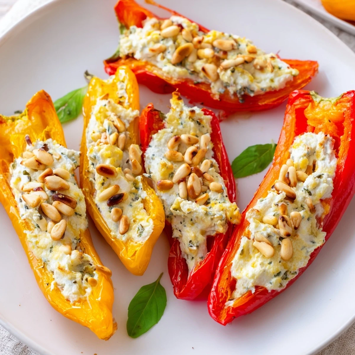 Vibrant roasted goat cheese stuffed mini peppers topped with pine nuts and bright green parsley