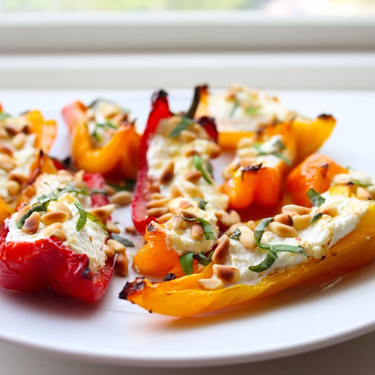 Creamy goat cheese filling oozes from tender roasted mini peppers drizzled with olive oil