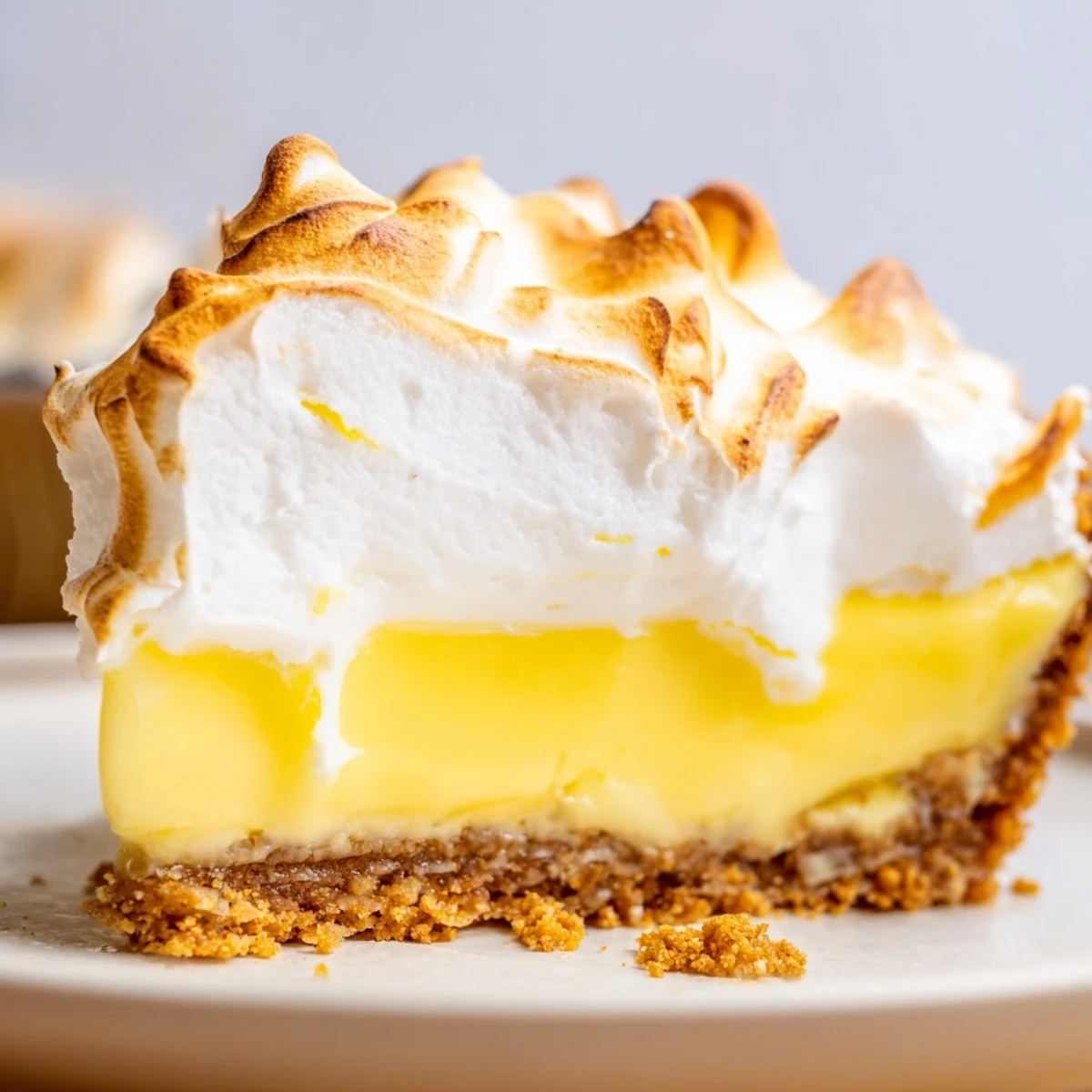 Creamy lemon pie with golden meringue topped on a buttery graham cracker crust