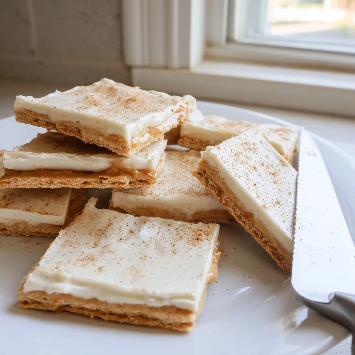 Golden buttery Churro Saltine White Toffee cut into neat squares on a rustic baking sheet