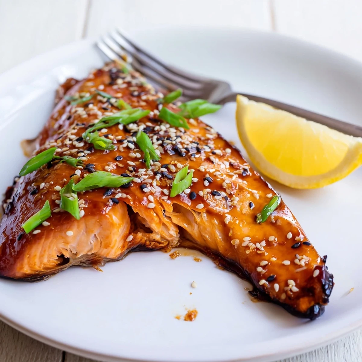 Oven-baked gluten free teriyaki salmon topped with sesame seeds and green onions