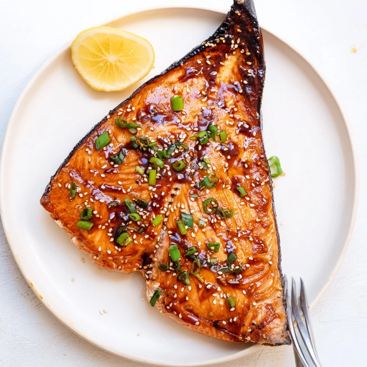 Gluten free teriyaki salmon glistening with glossy sauce on a white plate