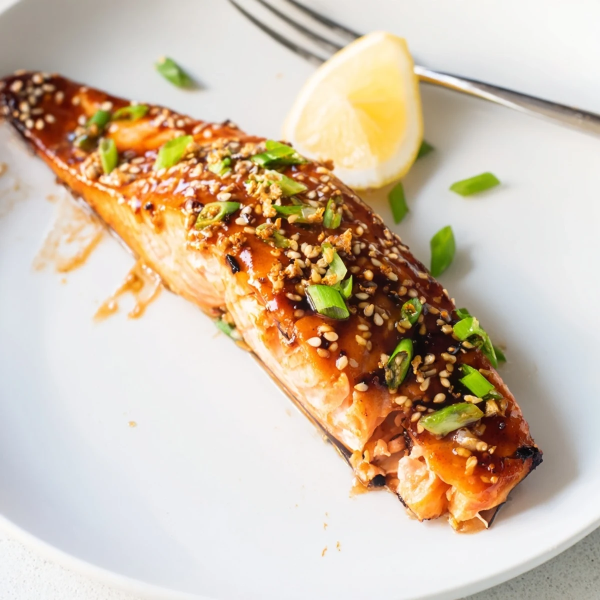 Caramelized gluten free teriyaki salmon fillet flaking tenderly beside steamed rice