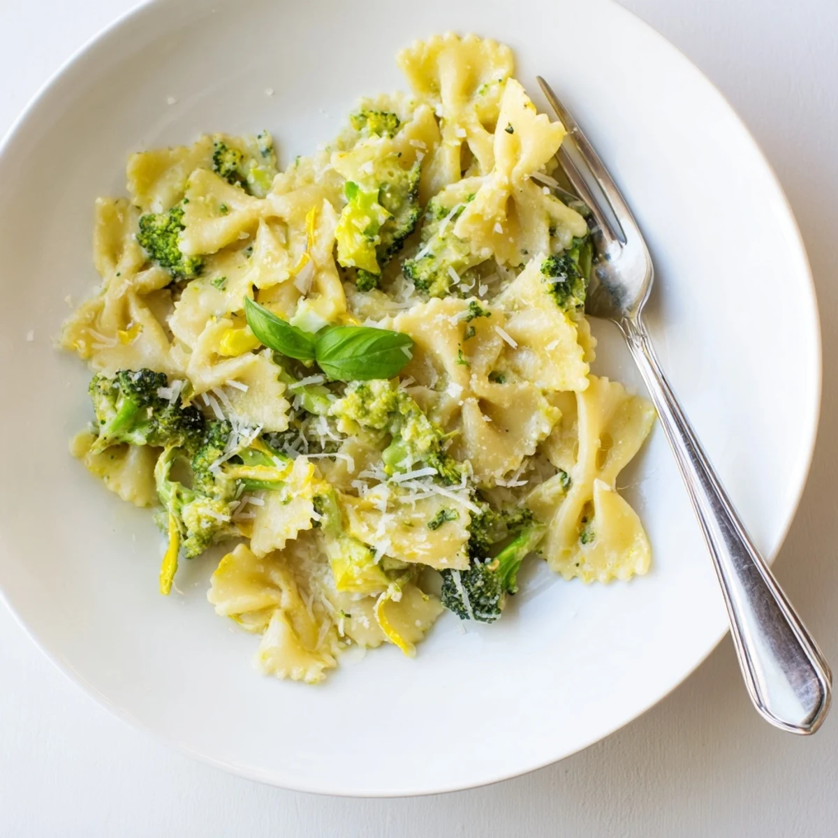 Steaming bowl of Mafaldine Pasta Limone Broccoli garnished with fresh basil and extra Parmesan