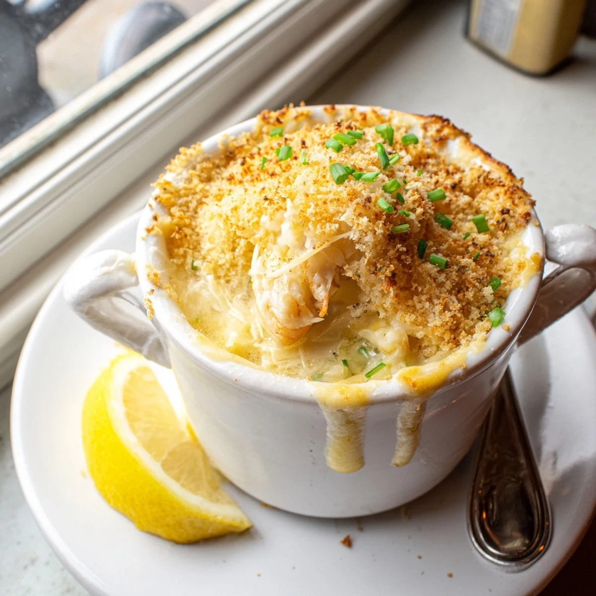 Golden-topped cheesy jumbo lump crab au gratin served in a rustic baking dish