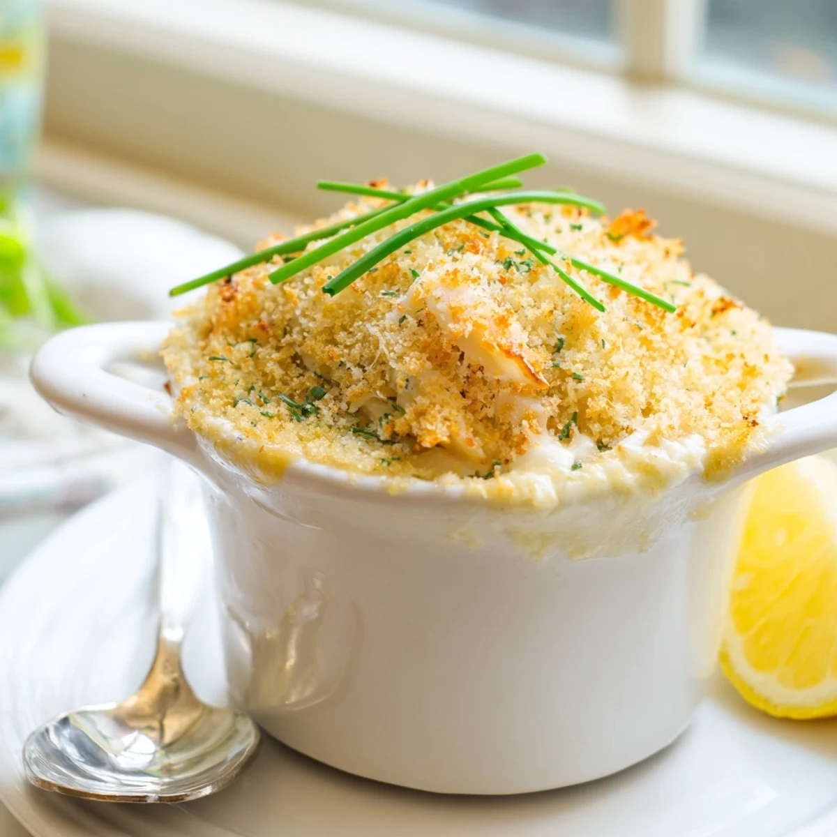 Creamy cheesy jumbo lump crab au gratin bubbling with a golden panko crust