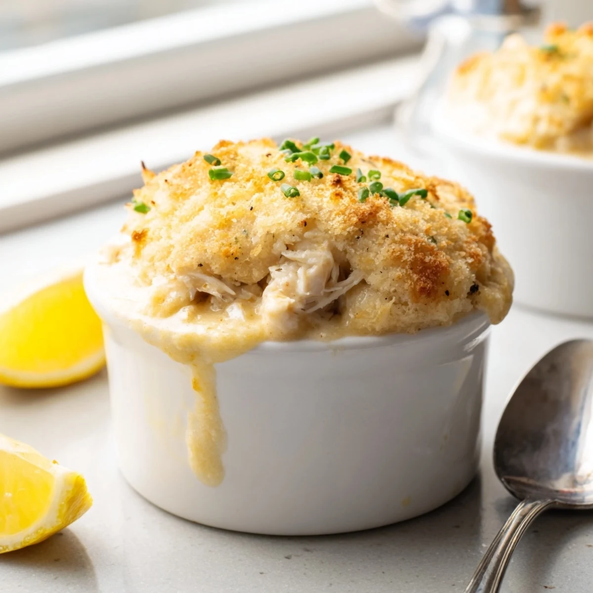 Spoonful of cheesy jumbo lump crab au gratin with melted Gruyère and fresh chives