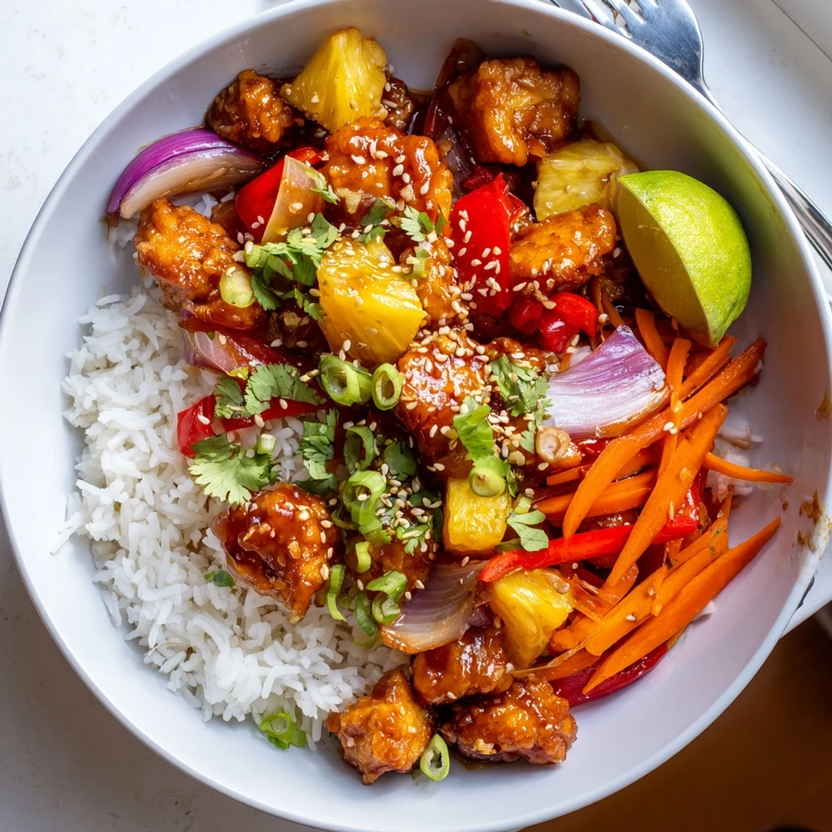 Juicy pineapple chicken rice bowl glistening with sticky sweet sauce and colorful vegetables