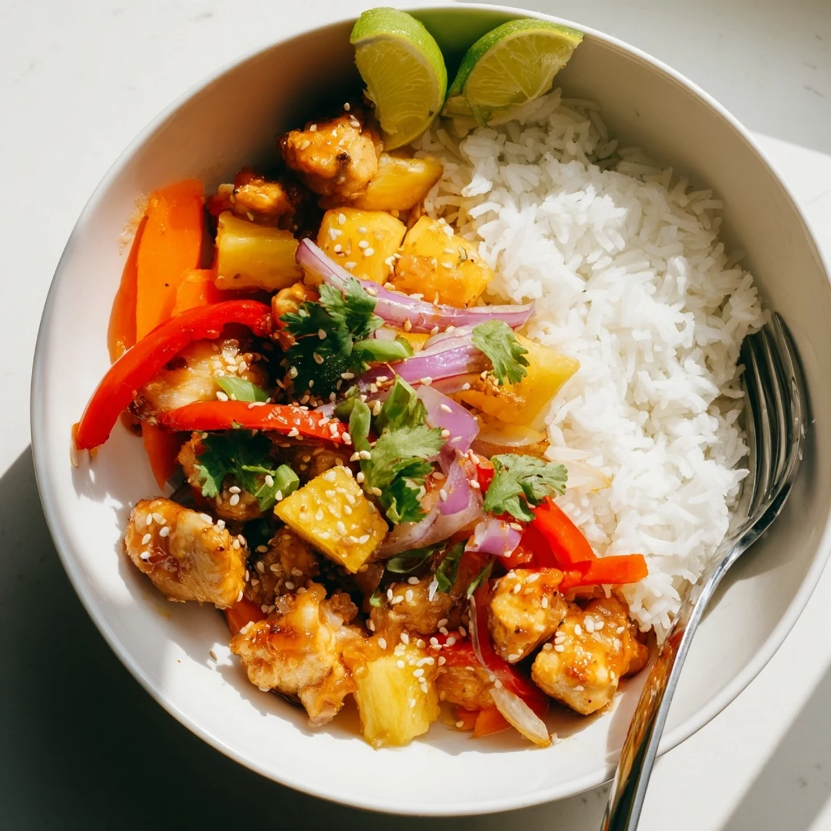 Golden caramelized pineapple chicken rice bowl topped with sesame seeds and fresh cilantro