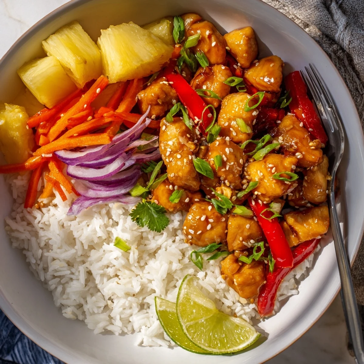 Tender chicken and bright pineapple chunks over fluffy white rice in sweet savory glaze