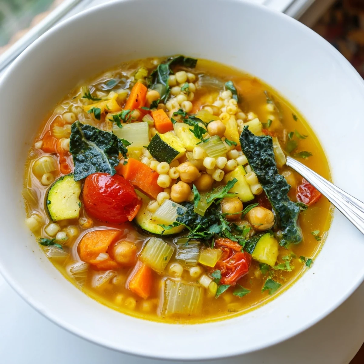 A steaming bowl of Vegan Italian Penicillin Soup brimming with colorful diced vegetables and tender pasta