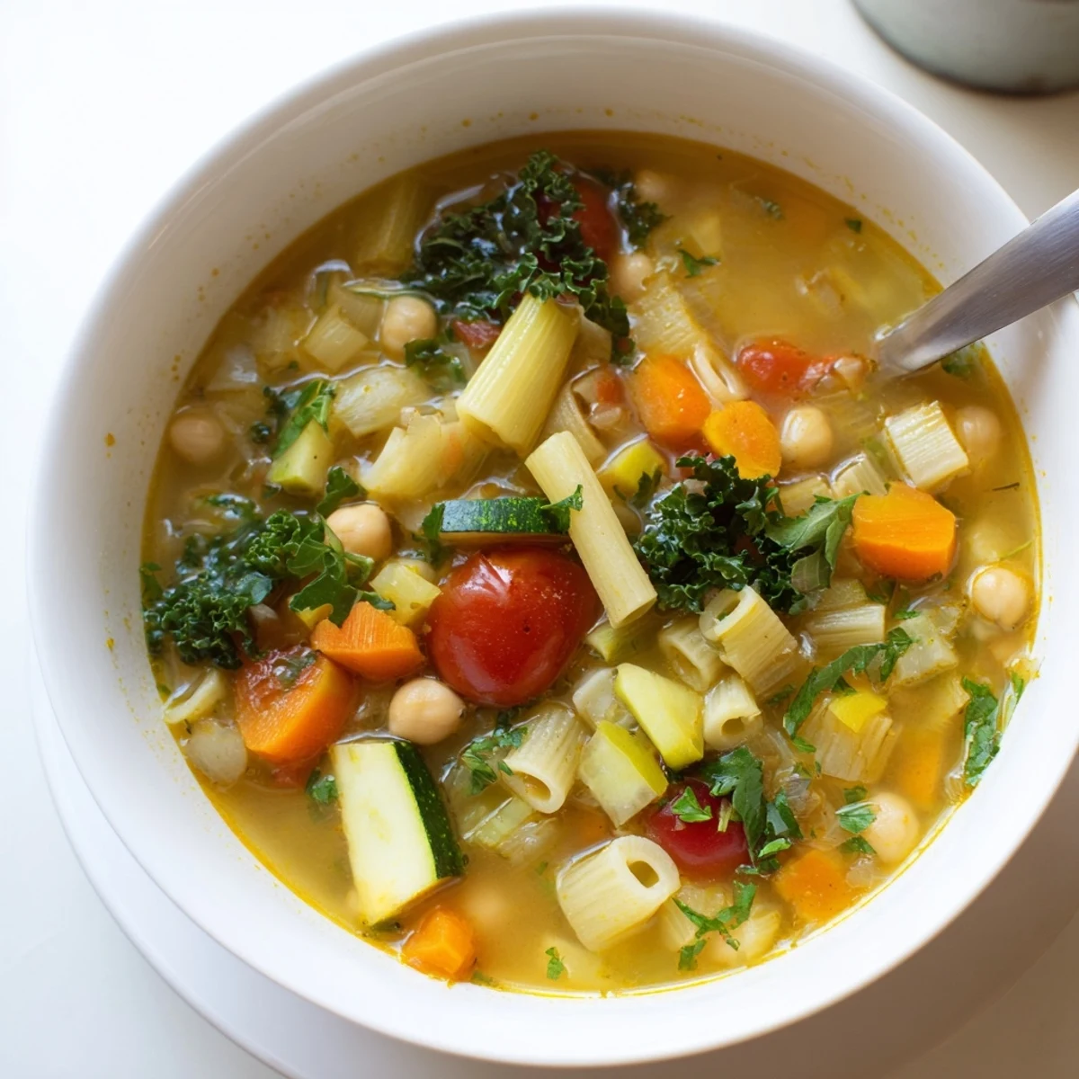 Vegan Italian Penicillin Soup ladled into a rustic bowl topped with fresh parsley and crusty bread