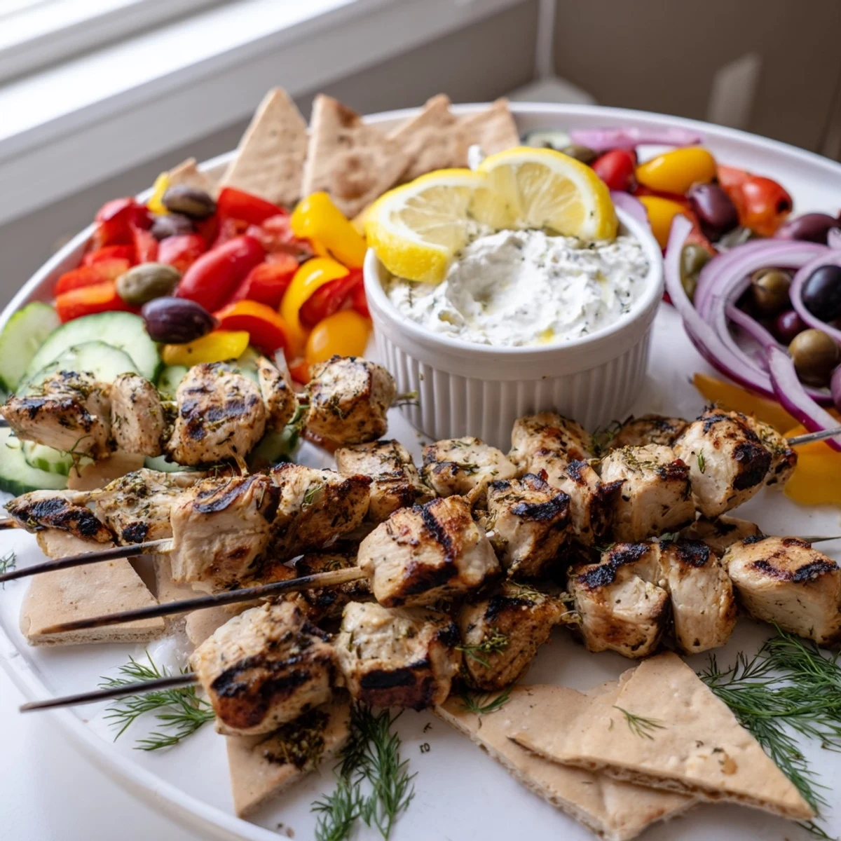 Greek chicken souvlaki grazing board with charred skewers, creamy feta, and fresh vegetables