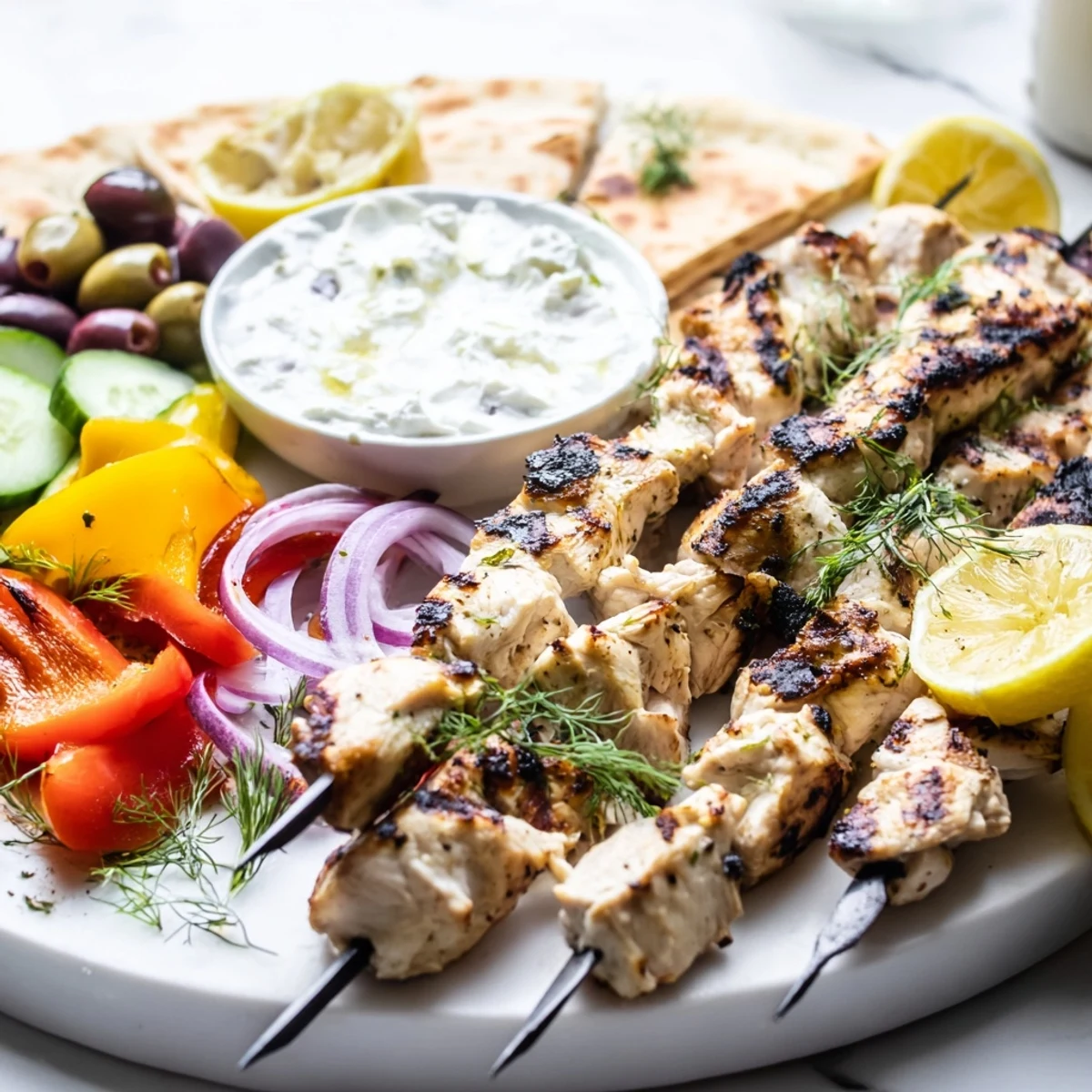 Warm pita and grilled Greek chicken souvlaki arranged on a rustic wooden serving board