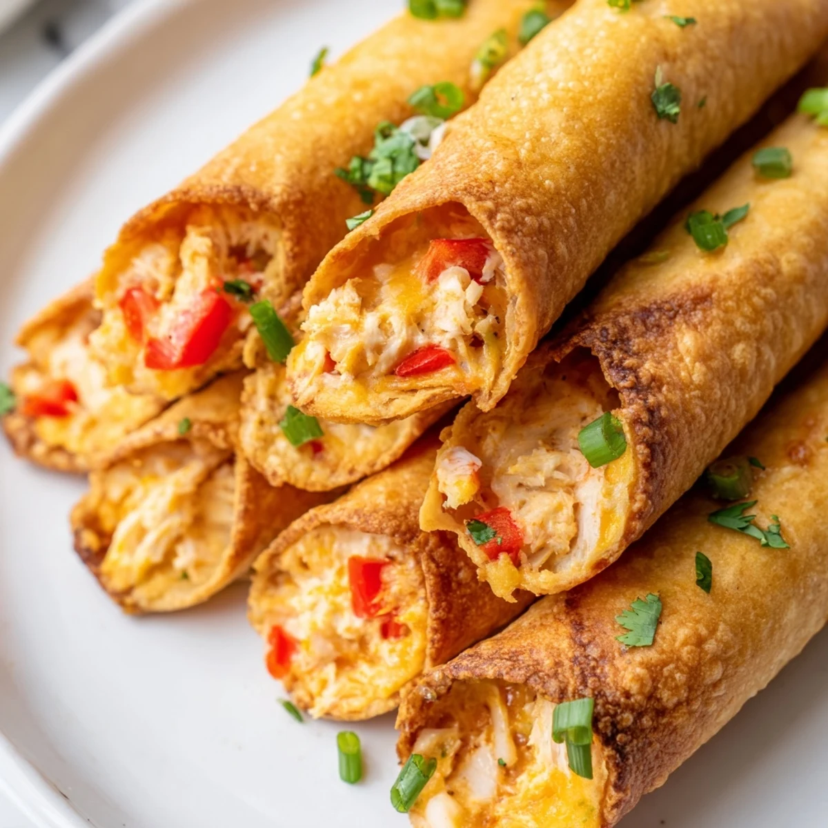 Golden crispy crab and shrimp queso taquitos arranged on a plate with fresh cilantro and lime wedges