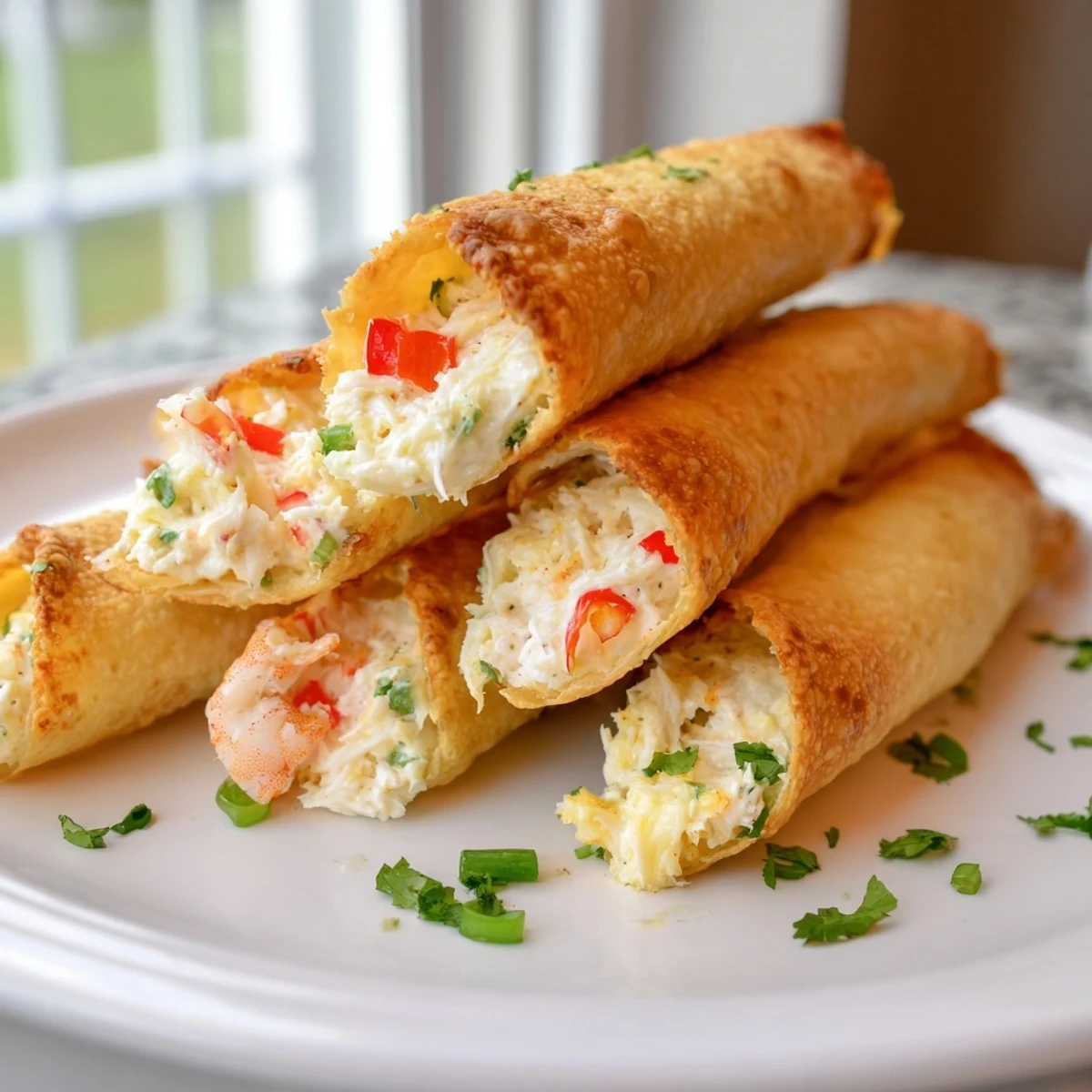 Crab and shrimp queso taquitos with melted cheese oozing from crunchy baked tortilla rolls