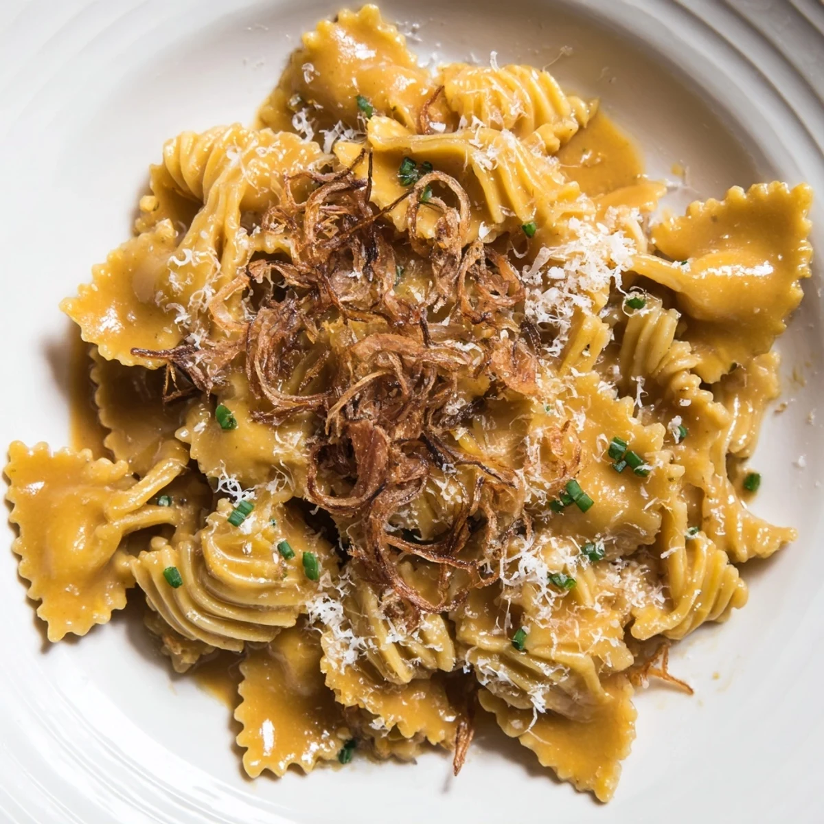 Golden brown butter miso radiatori pasta topped with crunchy crispy shallots and Parmesan