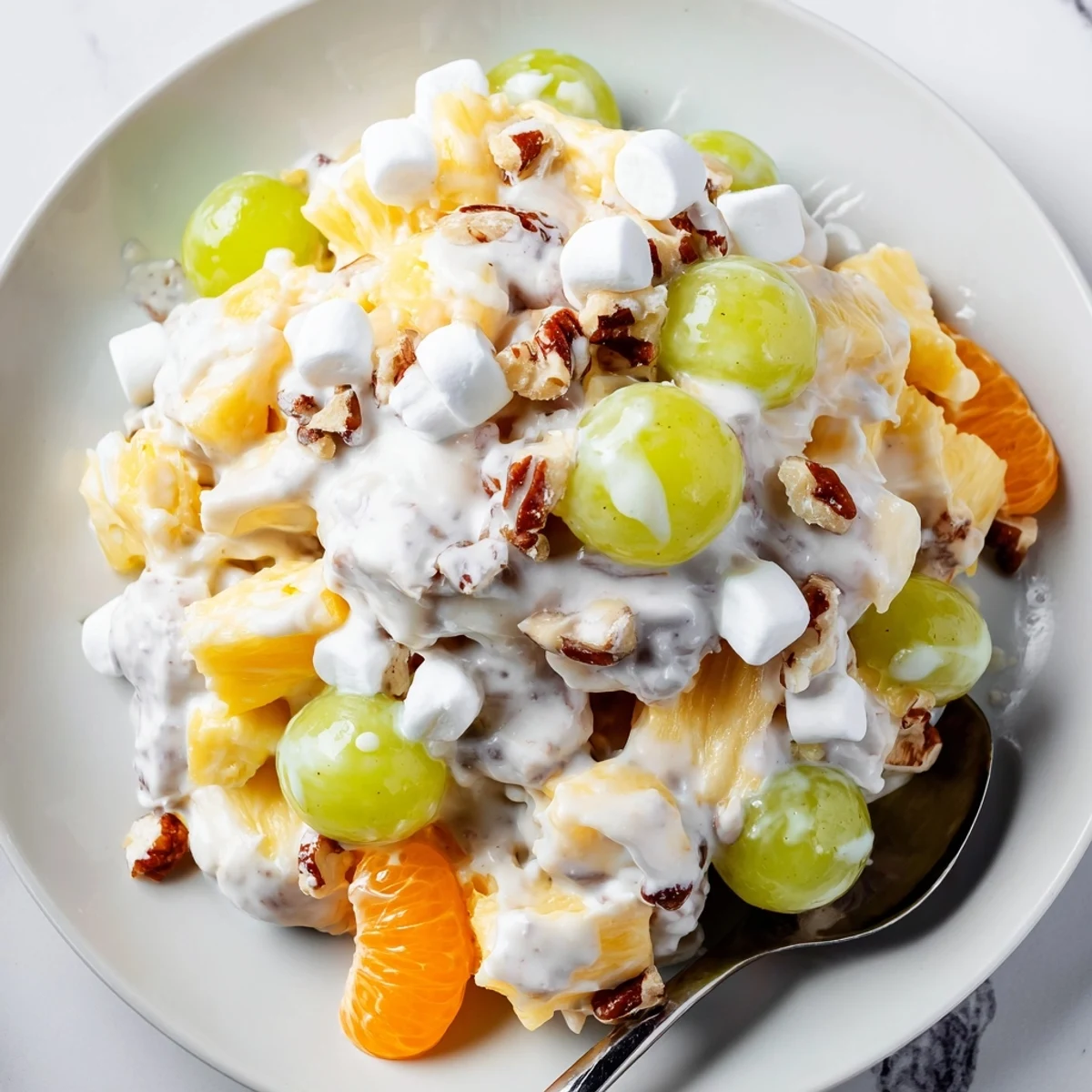 Creamy pineapple salad glistening in a serving bowl with juicy fruit chunks and tangy dressing