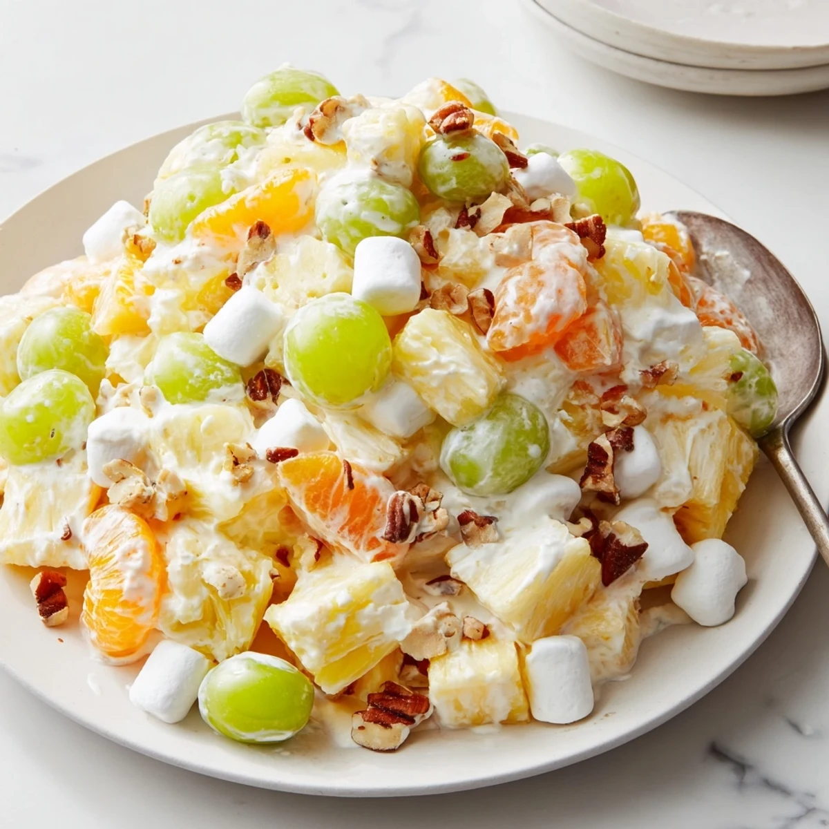 A scoop of creamy pineapple salad topped with crunchy pecans on a chilled plate