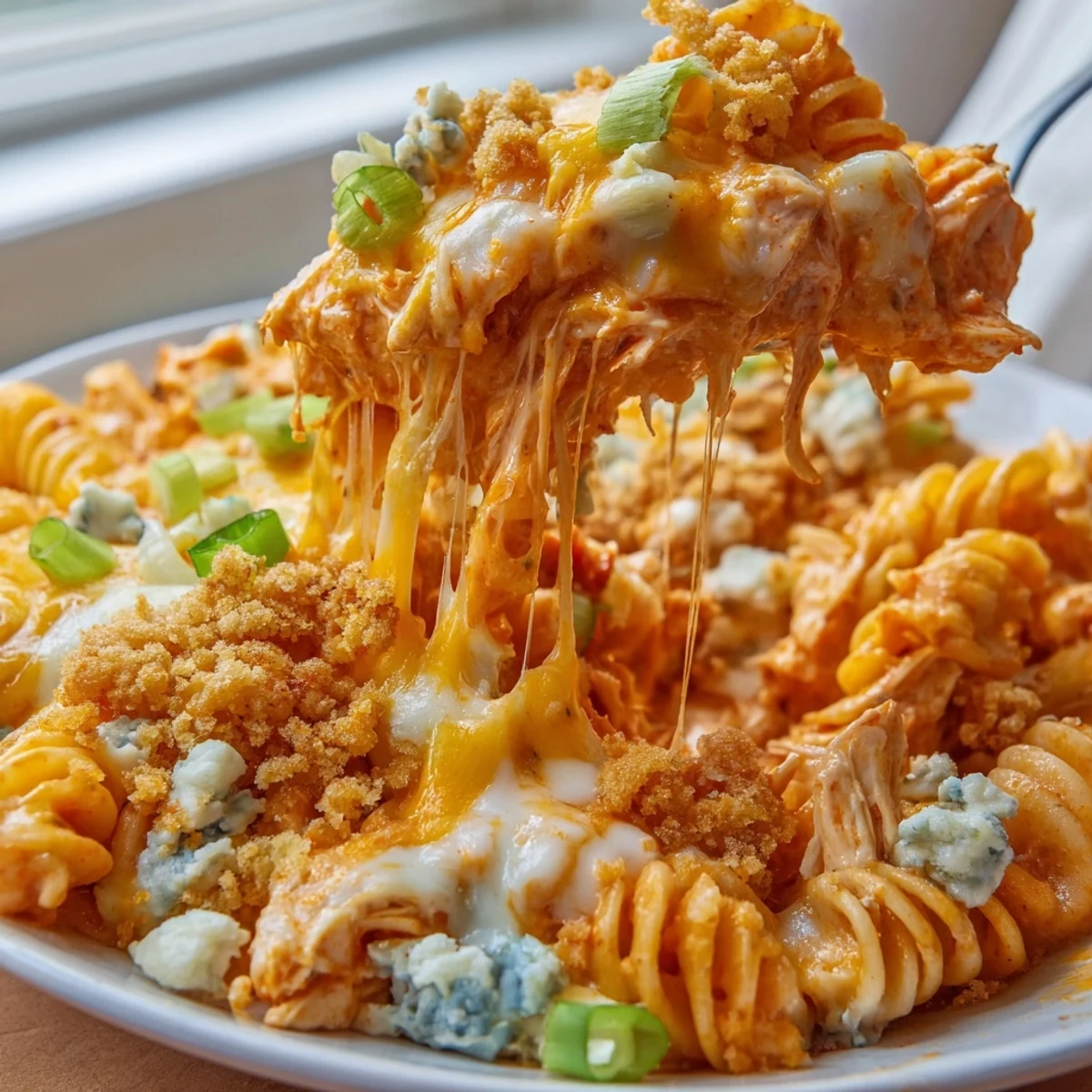 Creamy cheesy buffalo chicken dip casserole topped with crumbled blue cheese and green onions