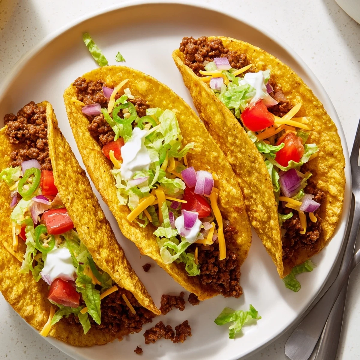 Crispy beef tacos served on a rustic plate with vibrant salsa and cilantro