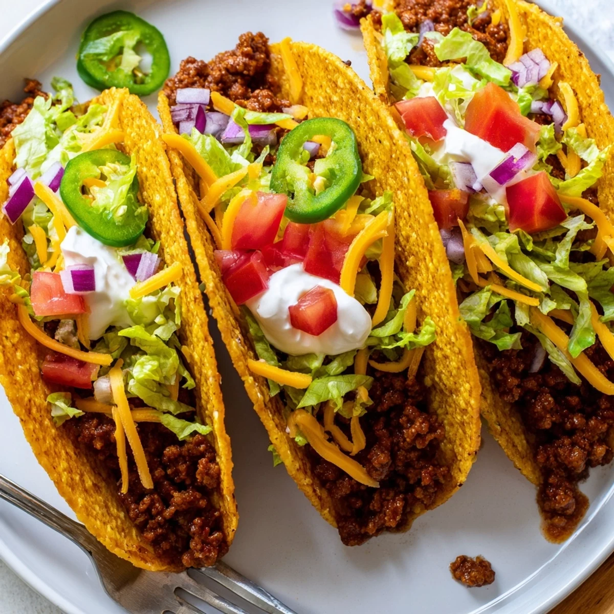 Golden crispy beef tacos loaded with seasoned meat, melted cheese, and fresh toppings