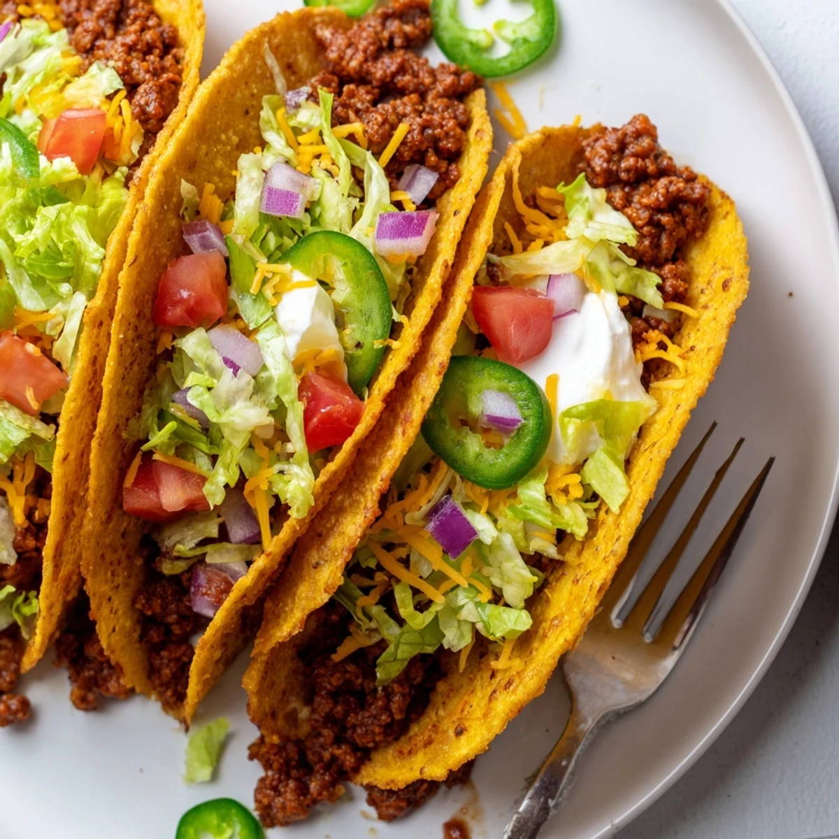 Close-up of crispy beef tacos oozing melty cheese beside zesty lime wedges