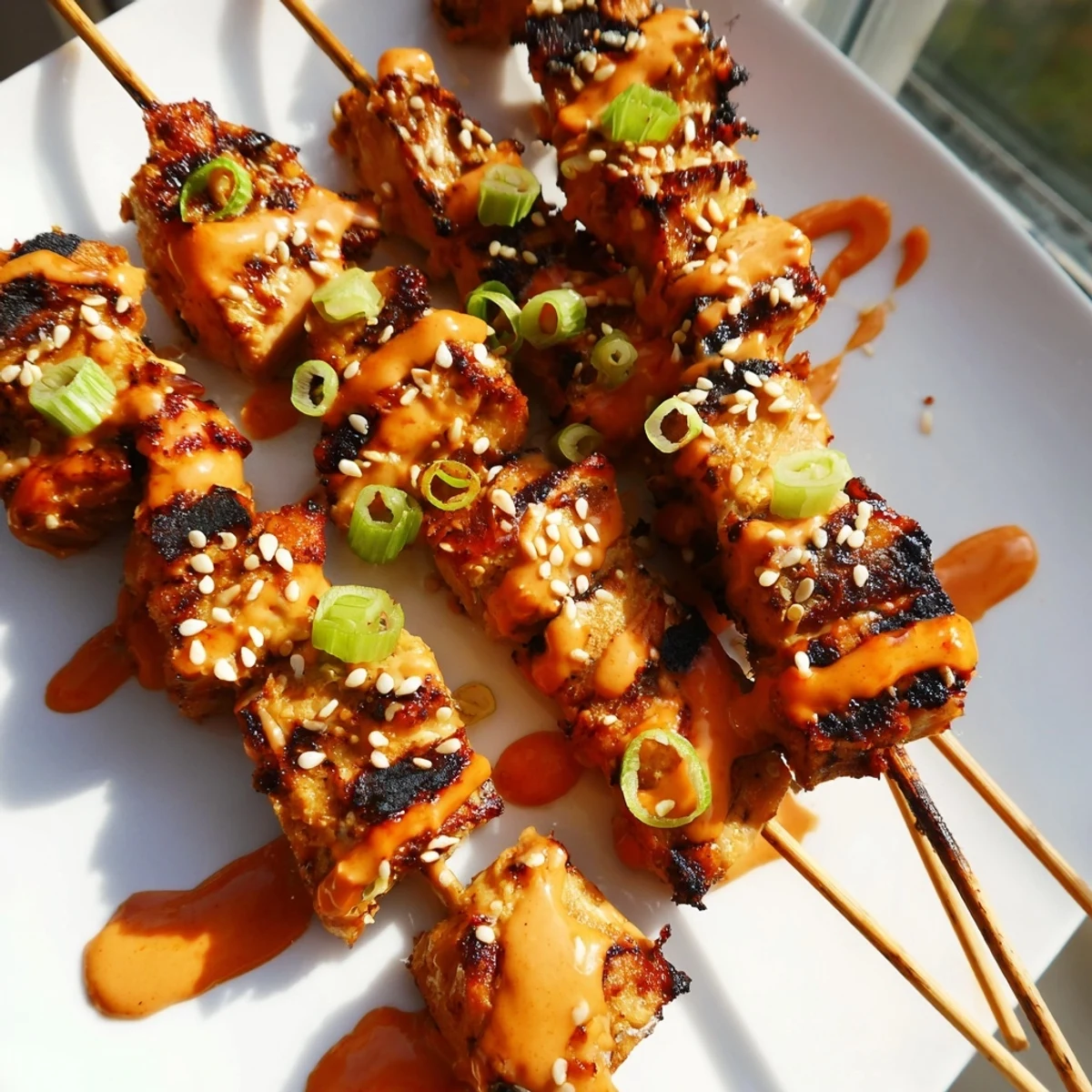 Juicy Bang Bang Chicken Skewers drizzled with creamy spicy sauce on a rustic platter
