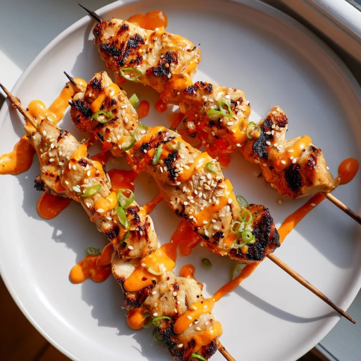 Grilled Bang Bang Chicken Skewers topped with sesame seeds and vibrant spring onions