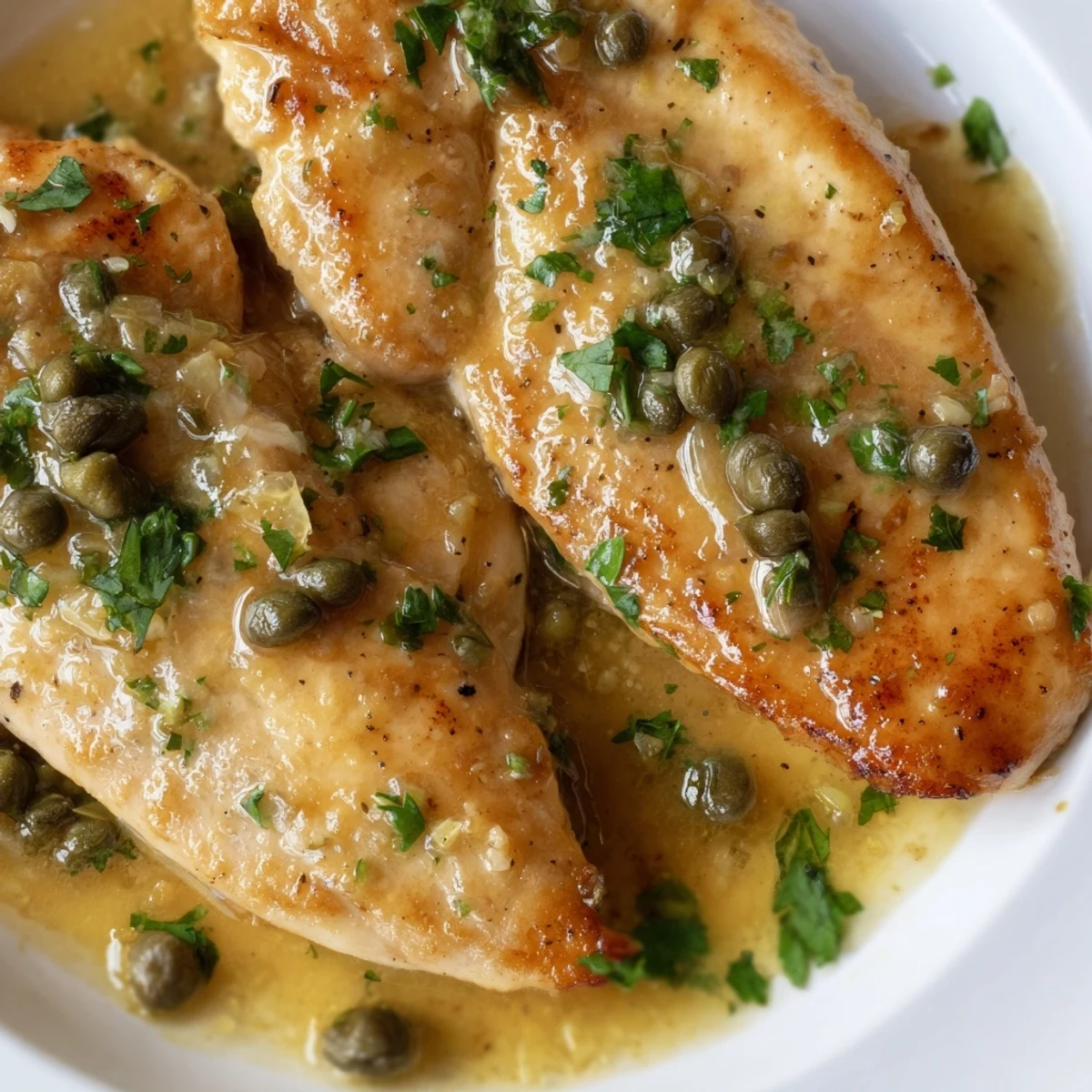 Tender Crock Pot Lemony Chicken Piccata drizzled with tangy caper sauce and fresh parsley