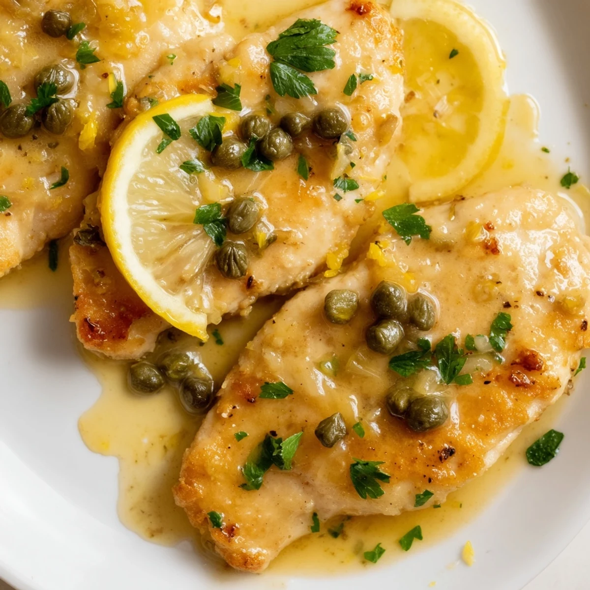 Golden slow-cooked Crock Pot Lemony Chicken Piccata in a bright lemon butter sauce