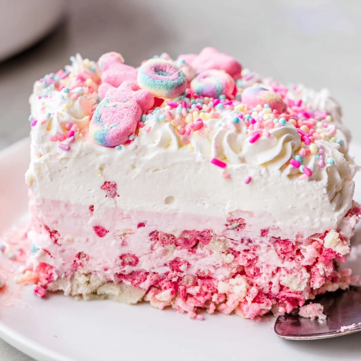 Circus animal cookie lush sliced to reveal pudding whipped cream and cookie layers