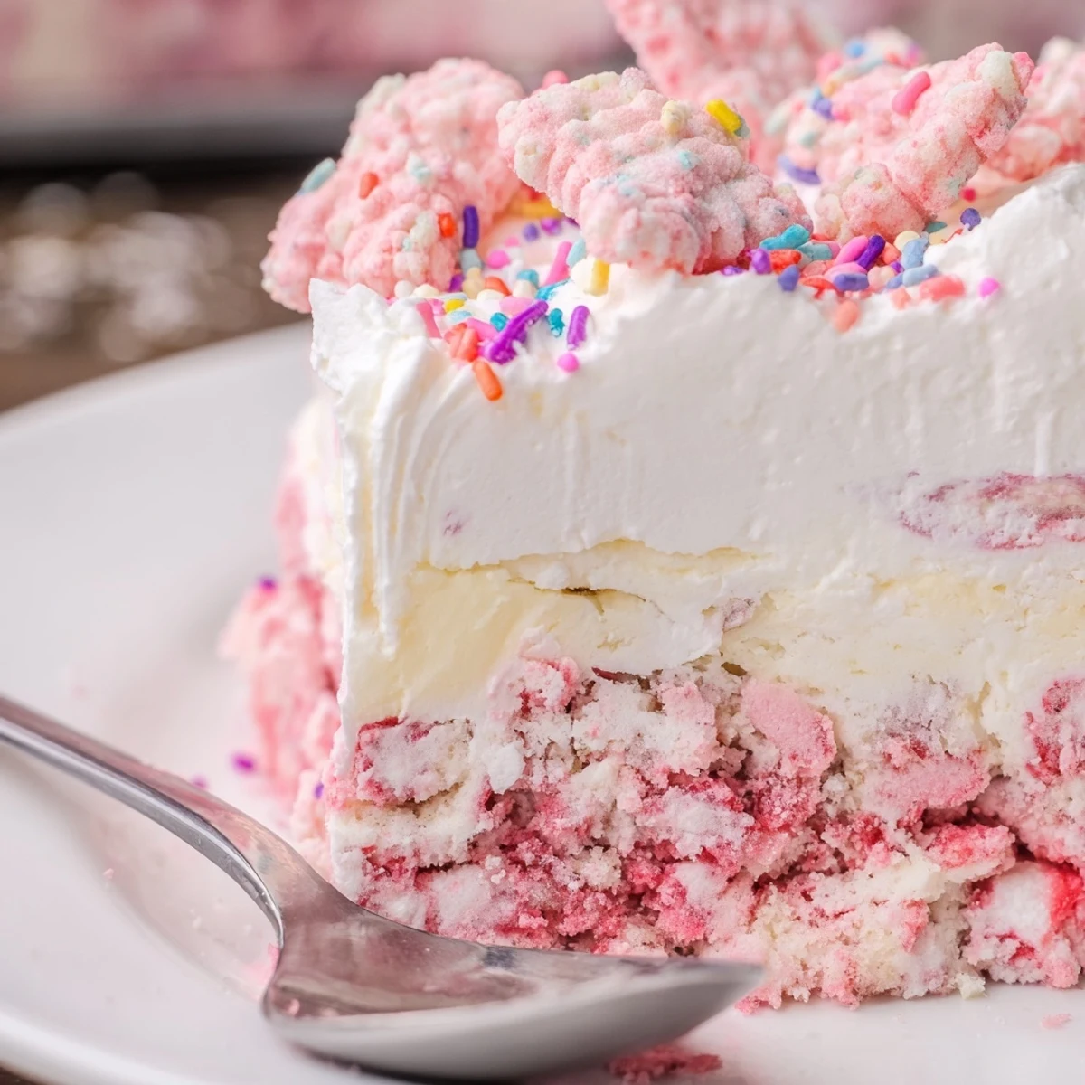 Creamy circus animal cookie lush topped with pink frosted cookies and sprinkles