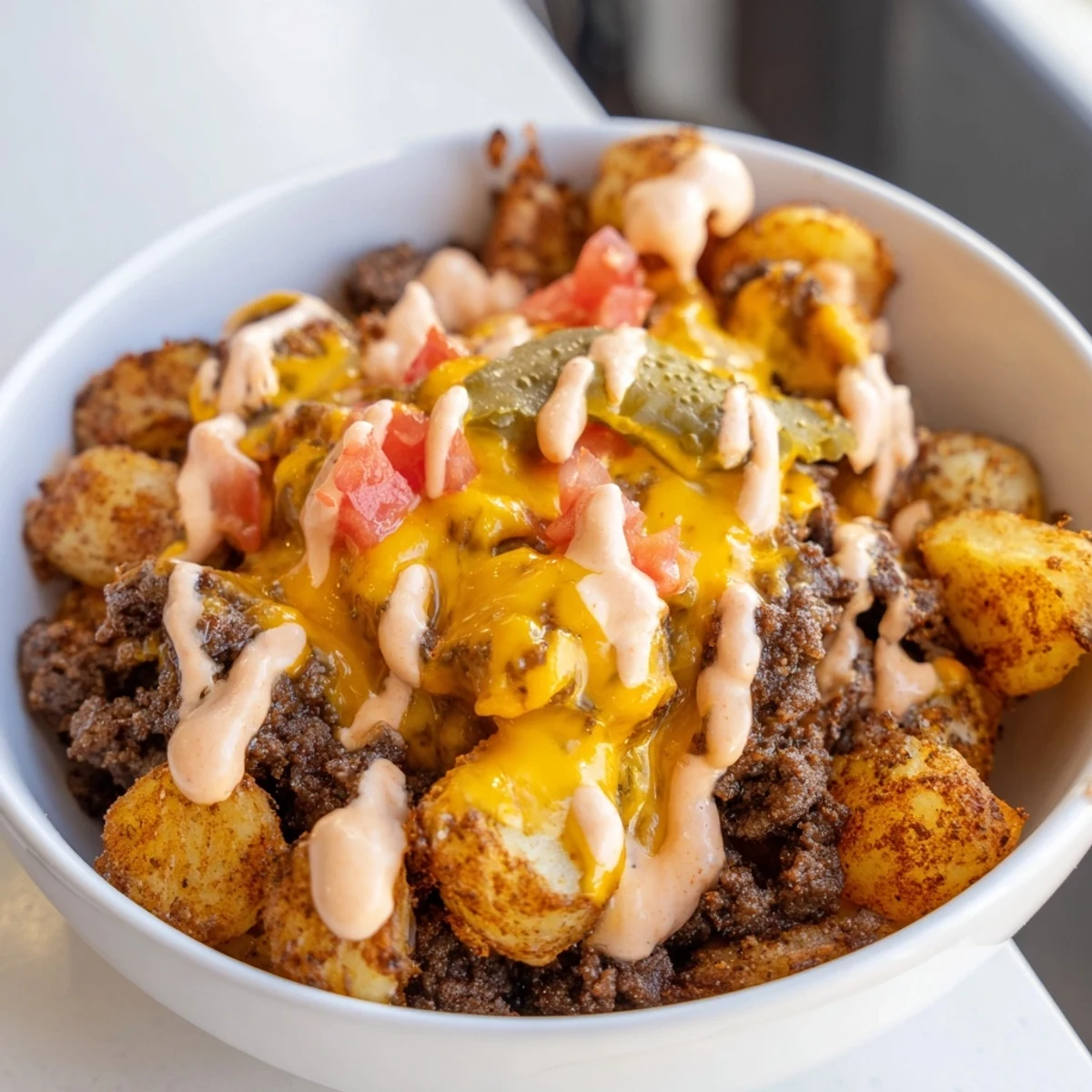 Juicy seasoned beef crumbled over Loaded Smash Burger Bowls with melted cheddar and fresh lettuce
