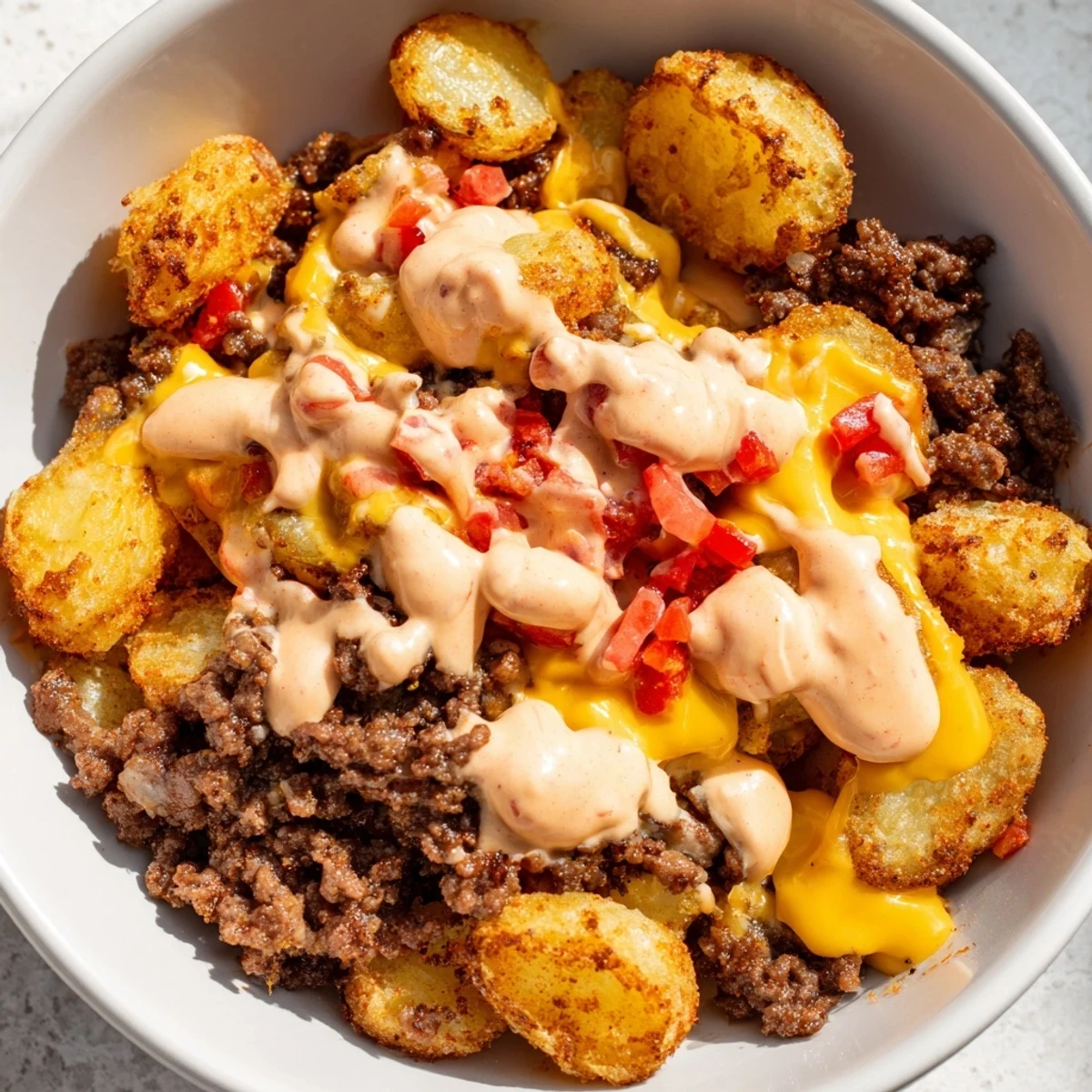 Crispy smashed potatoes supporting savory burger crumbles in Loaded Smash Burger Bowls with tangy sauce
