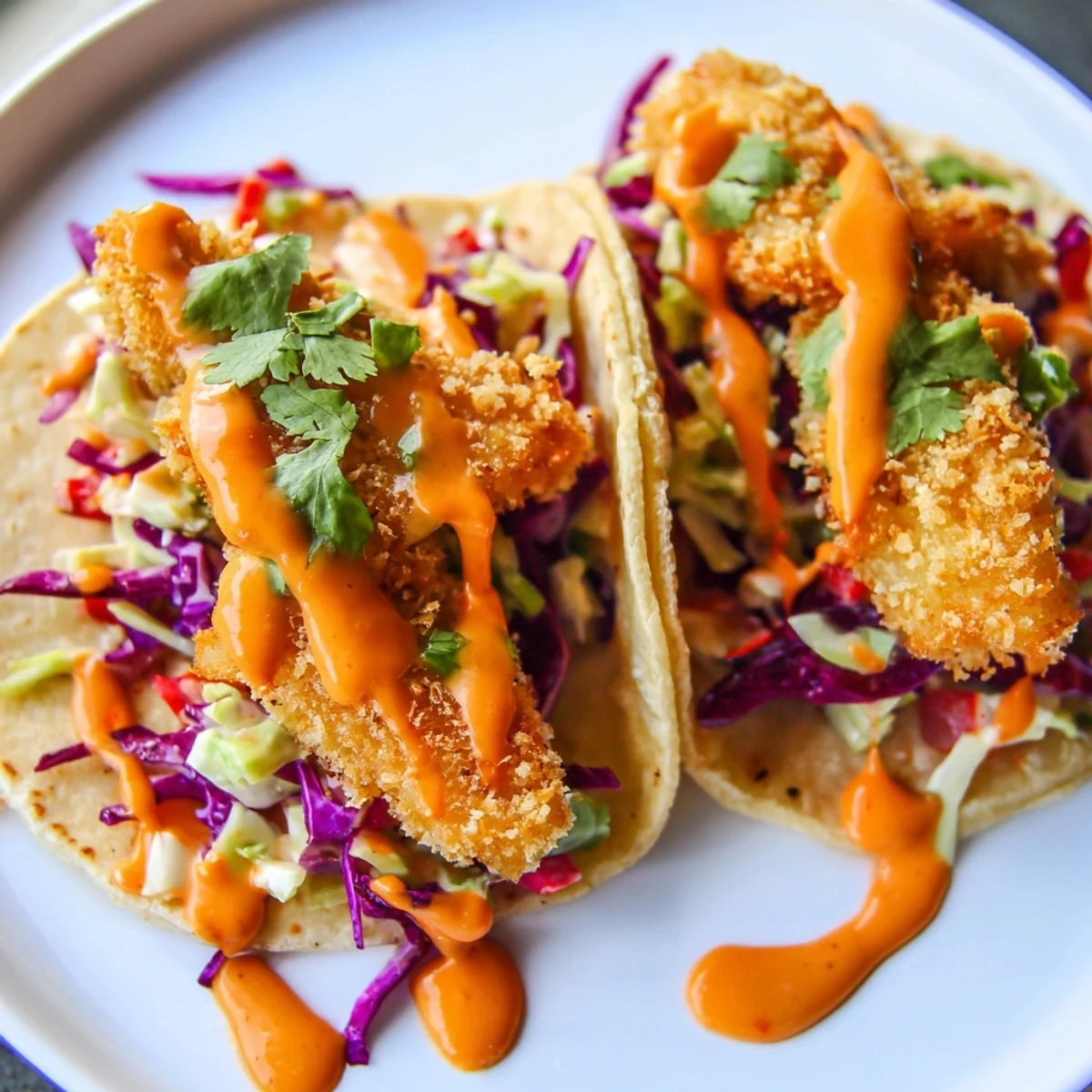 Crispy golden bang bang fish tacos drizzled with spicy sauce and topped with tangy lime slaw
