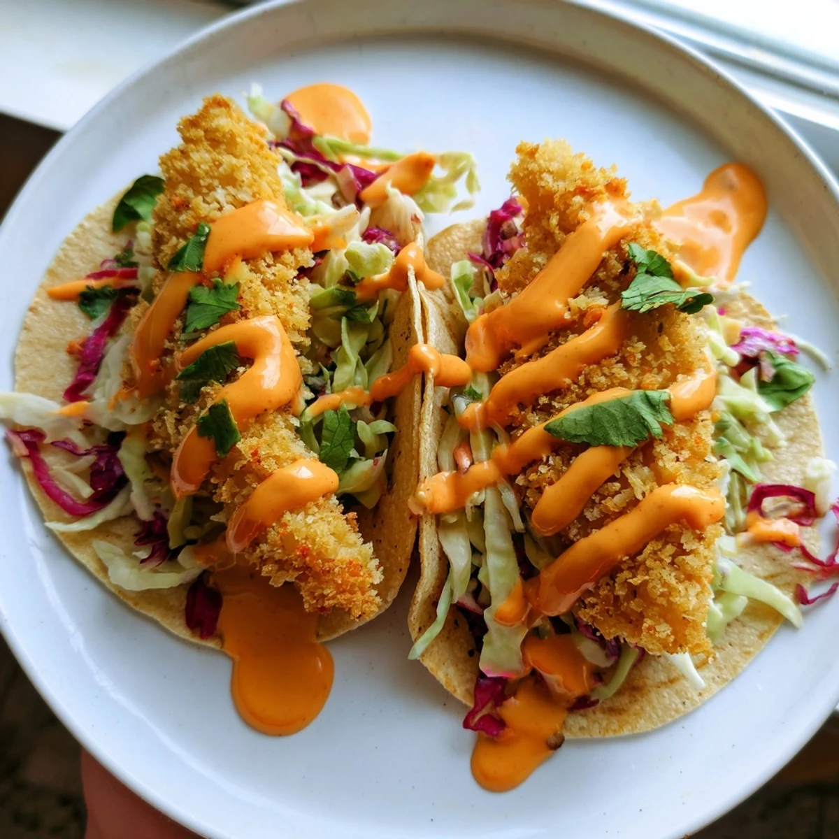 Golden fried fish pieces nestled in warm tortillas with creamy slaw and sweet chili bang bang sauce