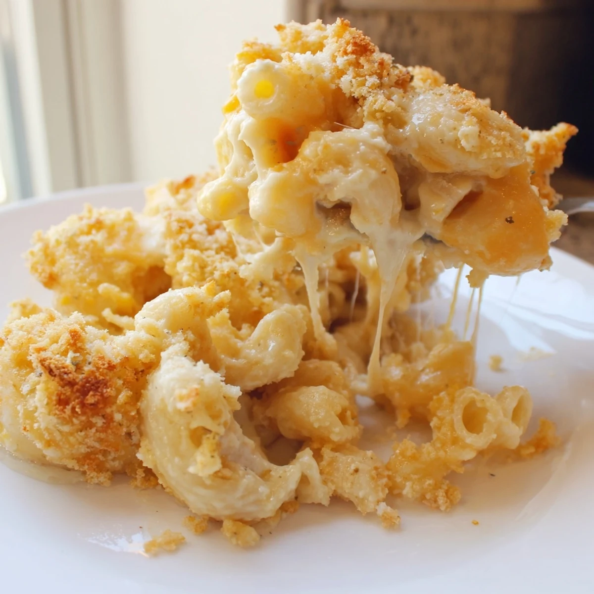 Golden baked mac and cheese with bubbling cheddar sauce and crispy breadcrumb topping