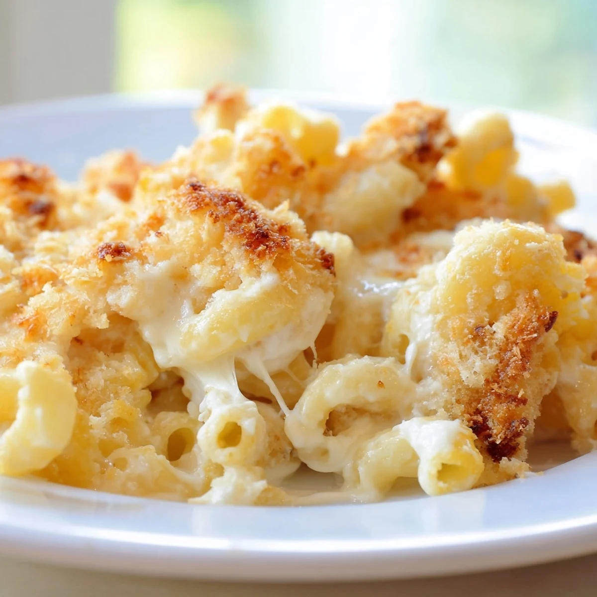 Creamy mac and cheese recipe served in a rustic white baking dish