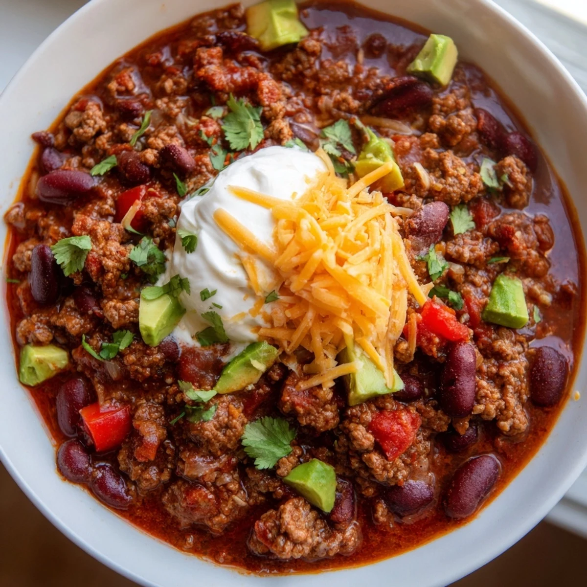 Steaming bowl of hearty chili recipe topped with melted cheddar and fresh cilantro