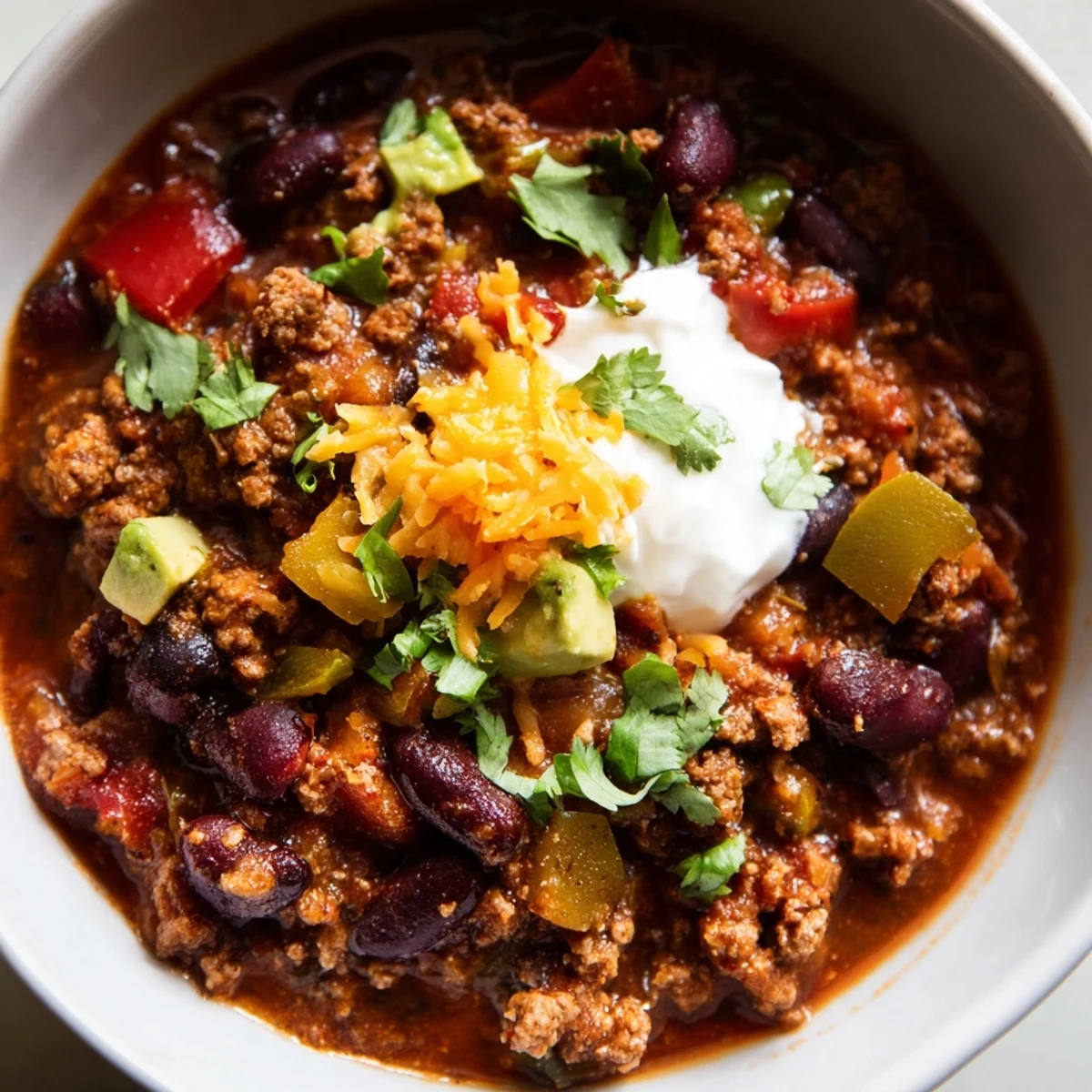 Thick beef chili recipe loaded with tender beans and served in a rustic pot