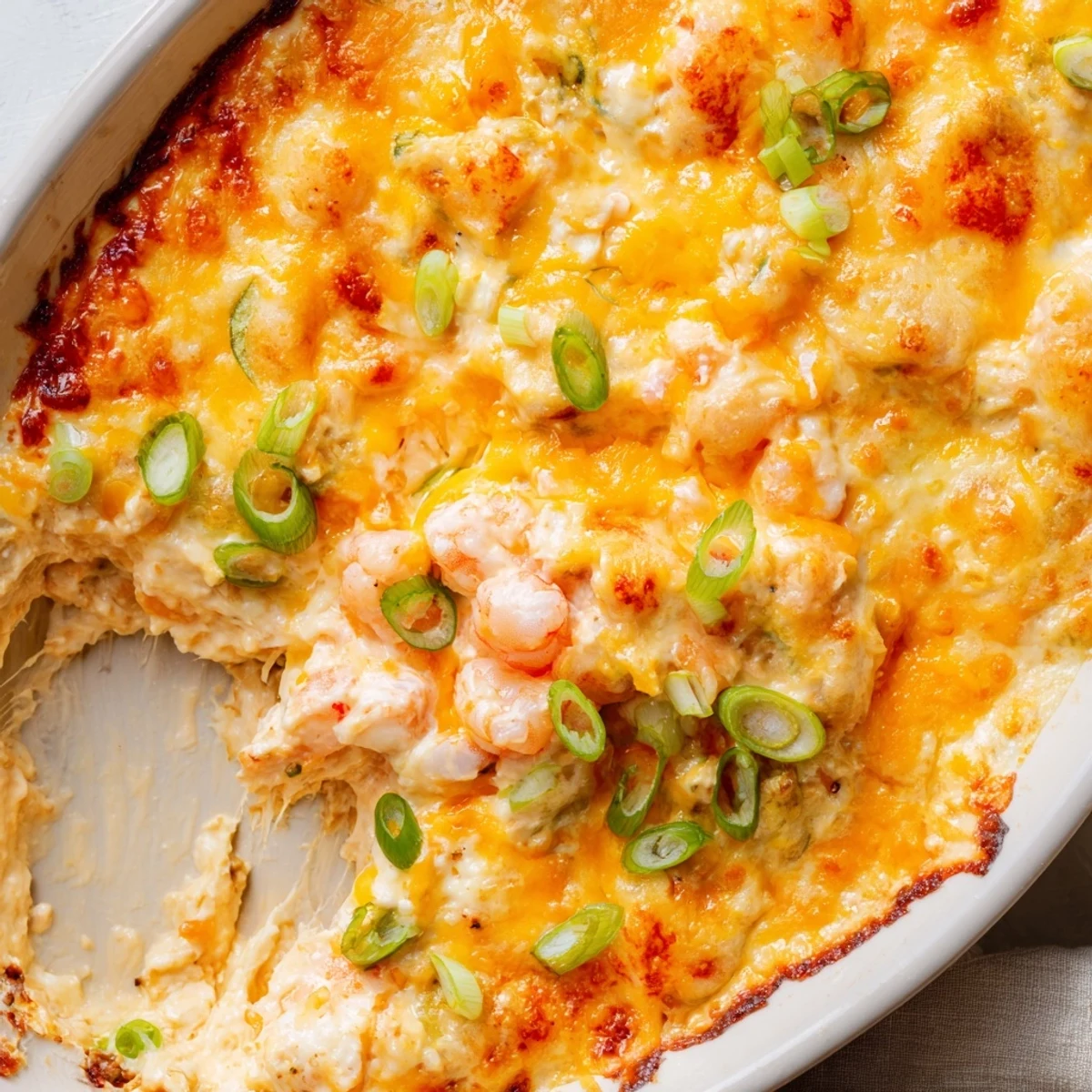Creamy extra cheesy bang bang shrimp dip bubbling with golden melted cheddar and mozzarella on top