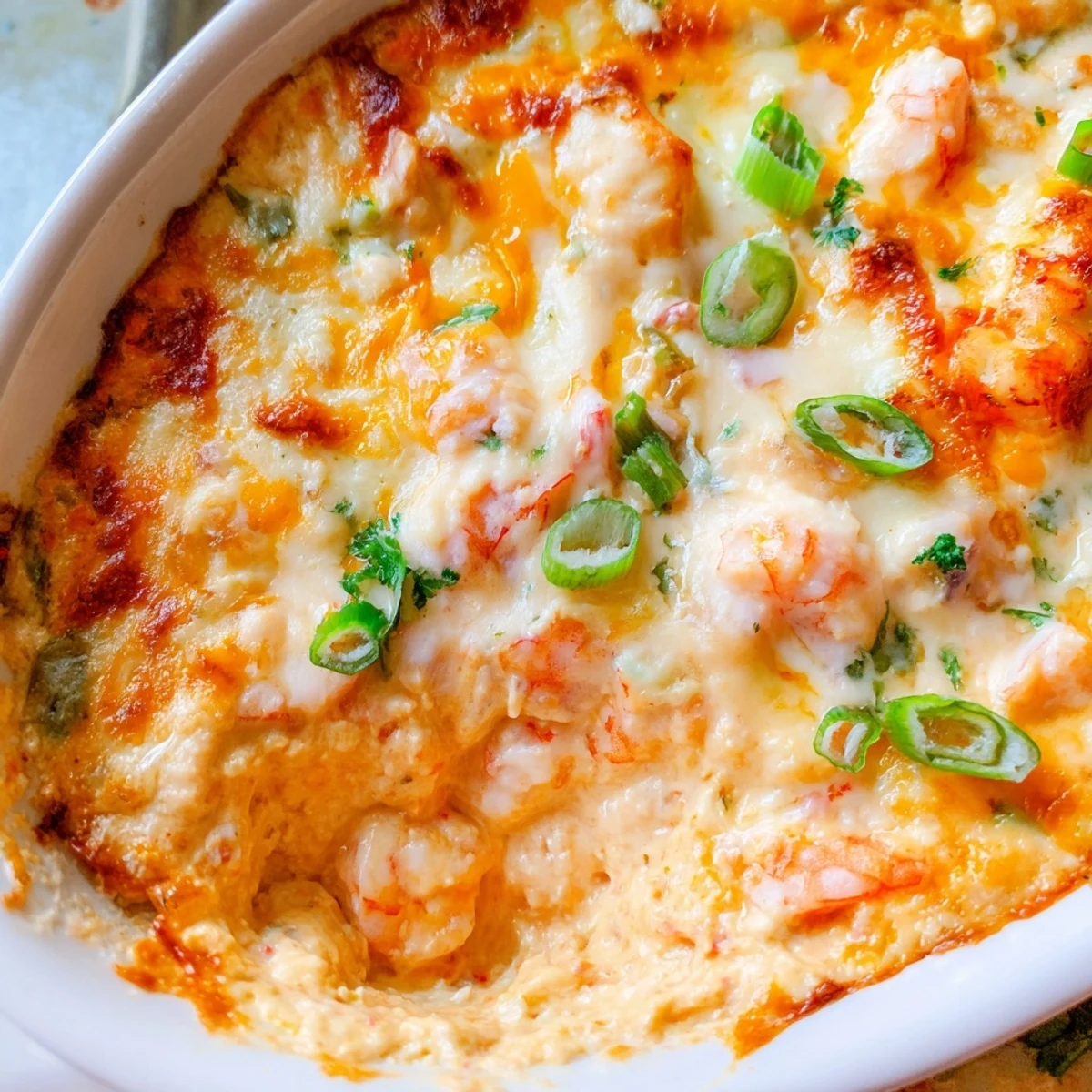Spoonful of warm extra cheesy bang bang shrimp dip served with crispy tortilla chips on a rustic platter