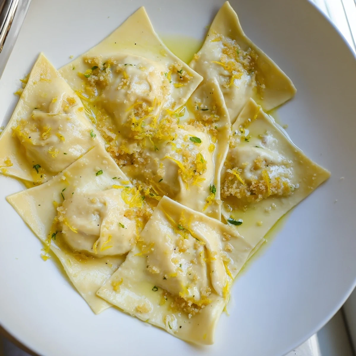 Creamy leek burrata triangoli tossed in bright lemon butter and topped with toasted crumbs