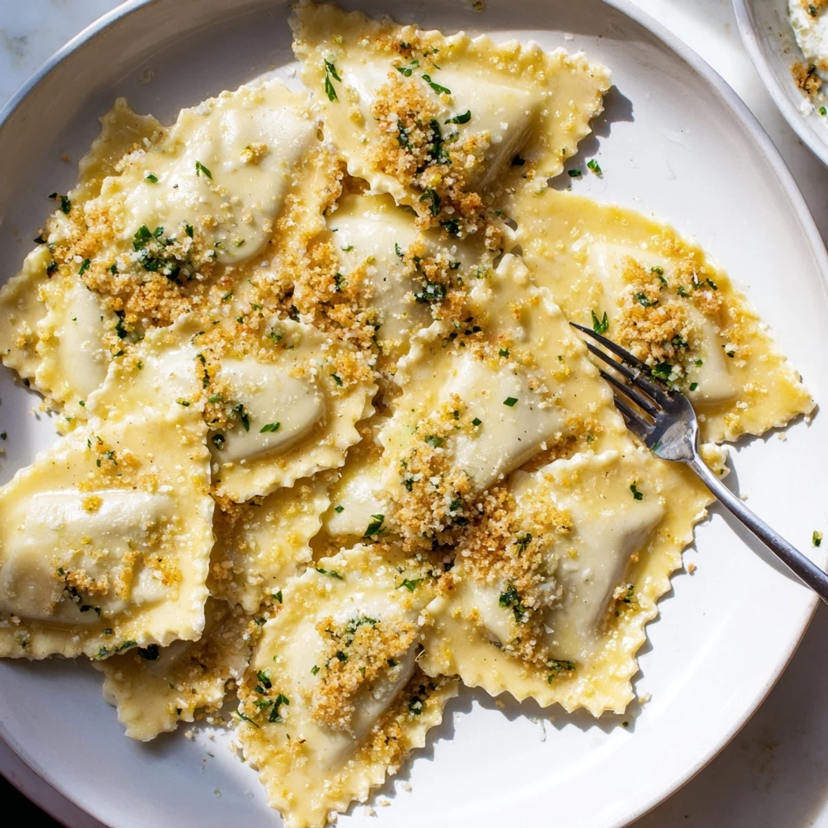 Steaming plate of leek burrata triangoli glistening with lemon butter and crunchy golden breadcrumbs