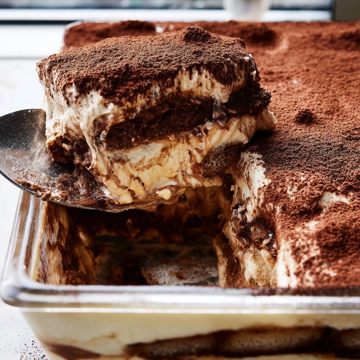 Creamy chocolate mousse tiramisu with cocoa-dusted layers served in a glass dish