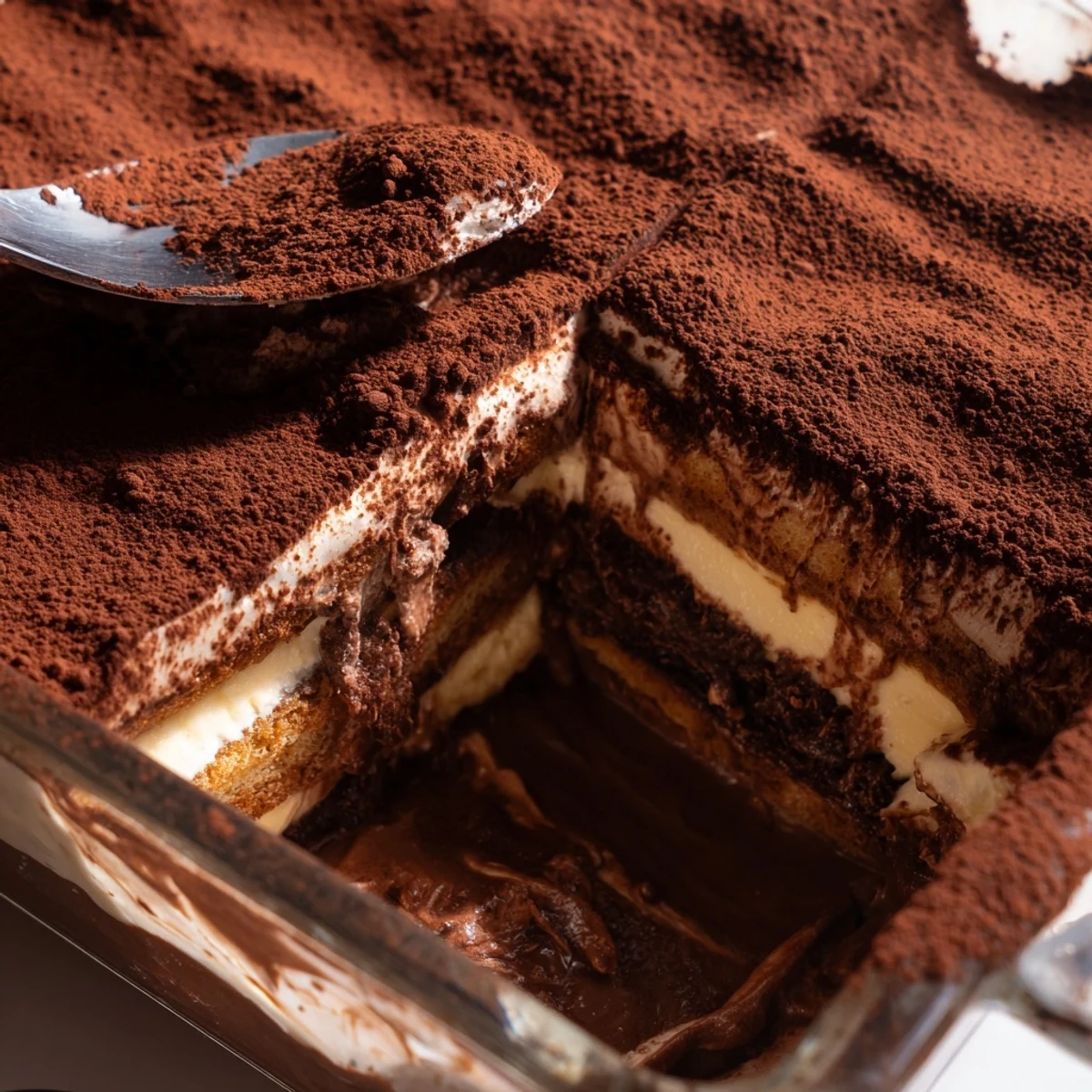 Rich chocolate mousse tiramisu topped with cocoa powder on a white dessert plate