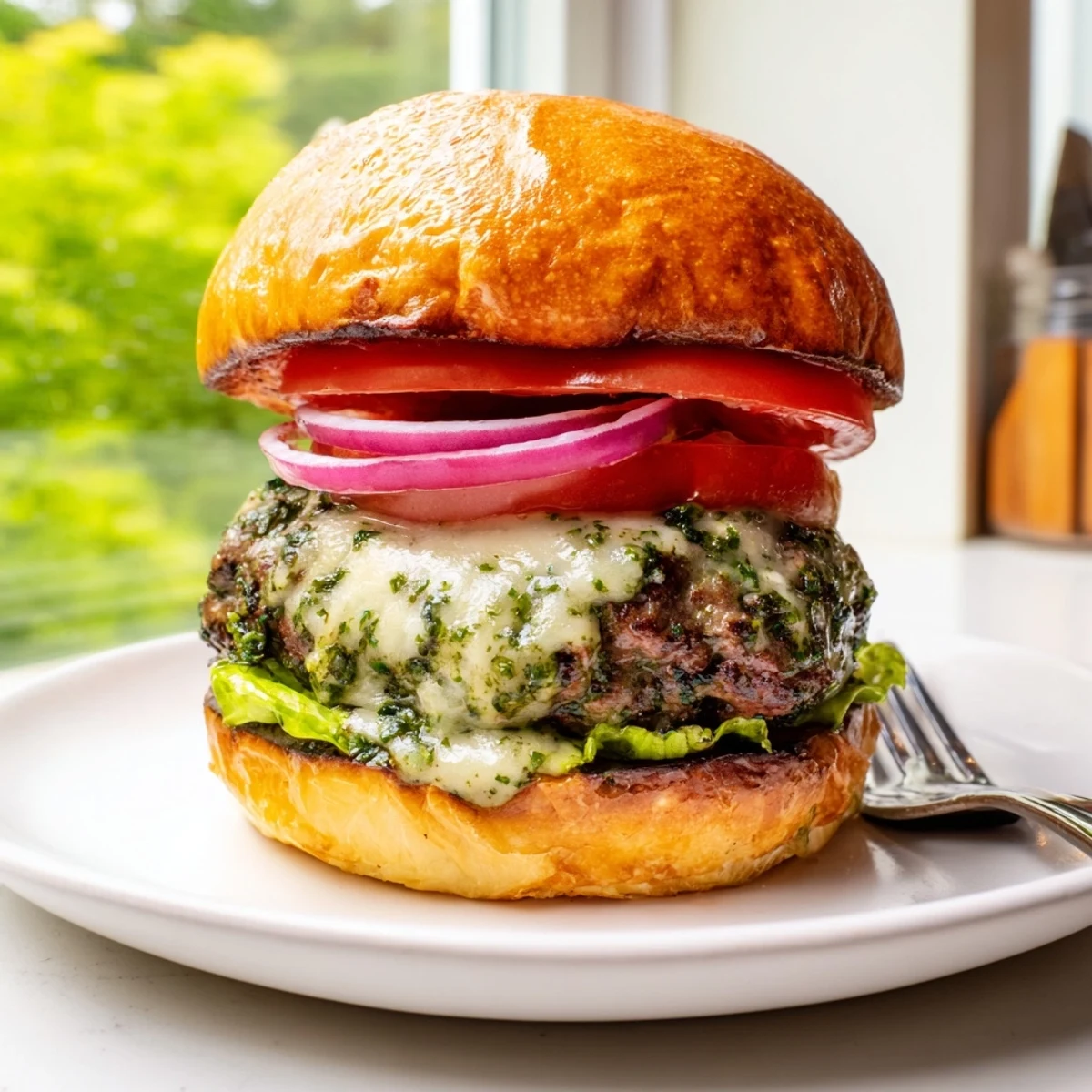 Golden toasted buns cradle cheesy Pesto Garlic Burgers with vibrant green pesto swirls