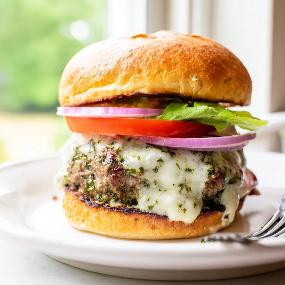 Juicy Pesto Garlic Burgers topped with melting cheese and creamy garlic mayo