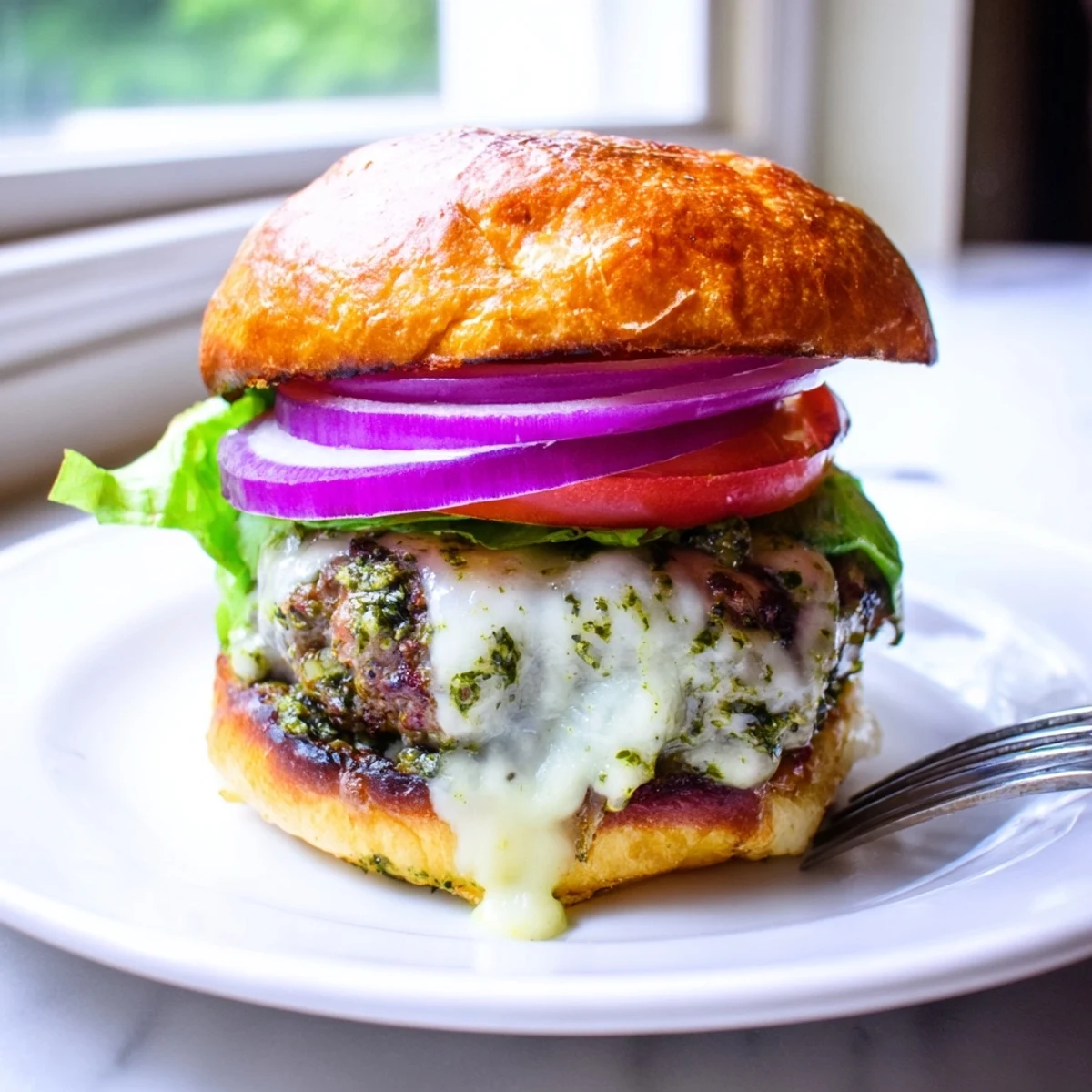 Sizzling Pesto Garlic Burgers with fresh lettuce, tomato, and rich garlic mayo on brioche